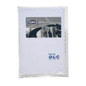 Clear pack of white scalloped edge Tork Advanced placemats behind a printed header card showing a table setting