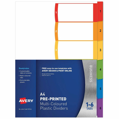 Avery Multi-Coloured Polypropylene ReadyIndex Dividers 1-6 Index