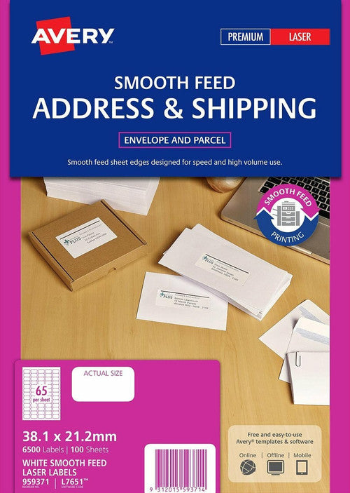 Avery White Address Smooth Feed Labels L7651 6500 Pack 38.1 x 21.2mm 65UP