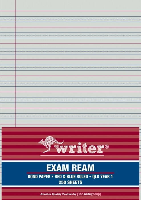 Writer A4 Exam Paper QLD Year 1 Red Blue Ruled Portrait Ream 250 Sheets — front of ream