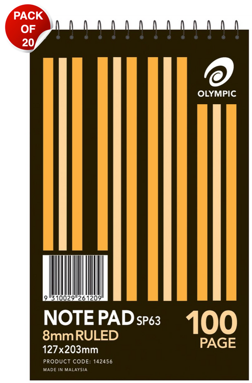Olympic Notepad 127 x 203mm 100 Pages 8mm Spiral Pack of 20