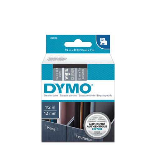 Dymo D1 label tape 12mm x 7m white on clear for transparent container and glass surface labelling