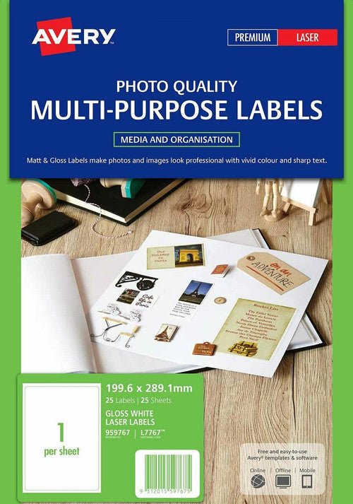 Avery Glossy White Photo Quality Labels L7767 25 Pack 199.6 x 289.1mm 1UP