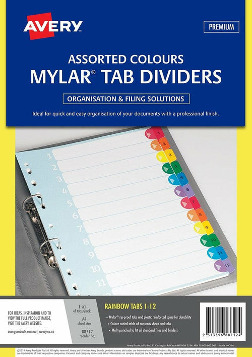 Avery Divider Mylar 1-12 Index Tabs A4 Rainbow
