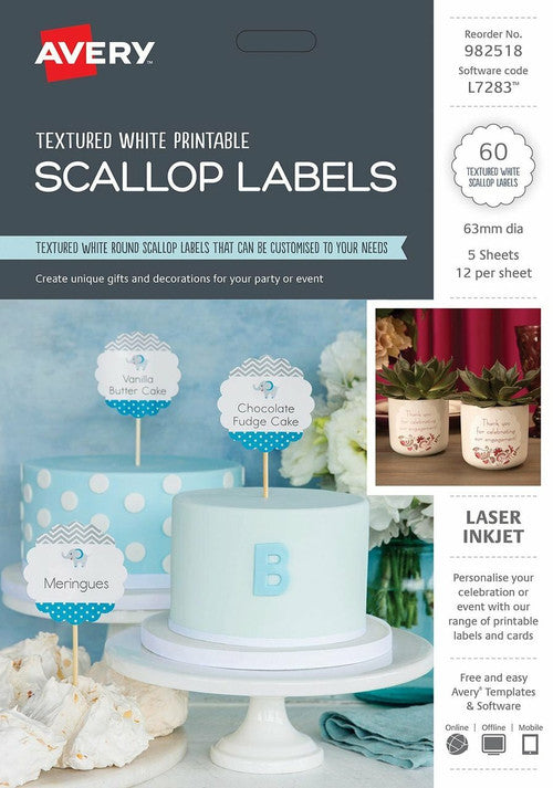 Avery Textured White Scallop Labels L7283 60 Pack 63mm Diameter 12UP