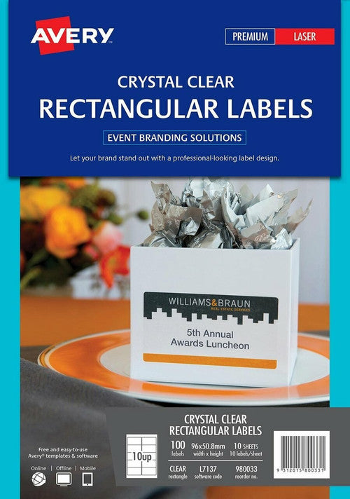Avery Crystal Clear Rectangular Labels L7137 96 x 50.8mm 10UP