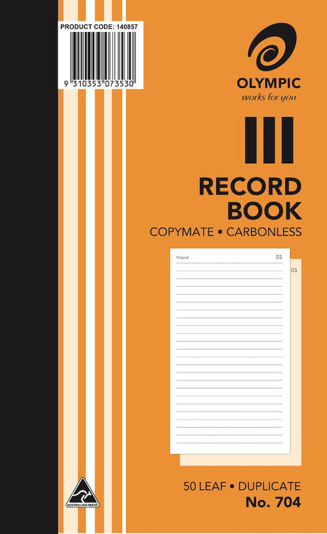Olympic Record Book 704 Carbonless Duplicate 50 Leaf 200 x 125mm