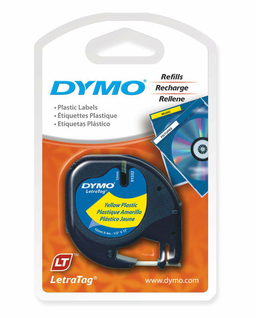 Dymo LetraTag Label Tape 12mm x 4m Black on Yellow Plastic
