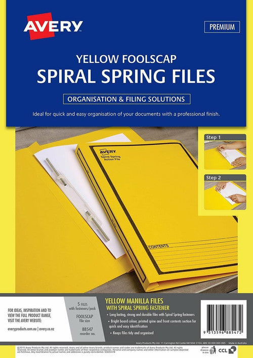 Avery Yellow Spiral Spring Action File Black Print Foolscap 5 Pack