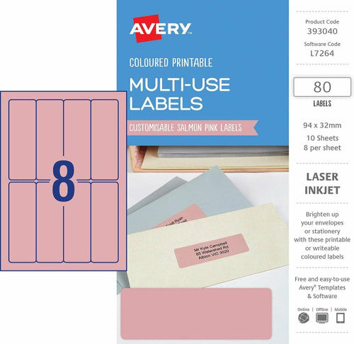 Avery Multi-Use Salmon Pink Coloured Labels 94 x 32mm Laser Inkjet Permanent 80 Labels 10 Sheets