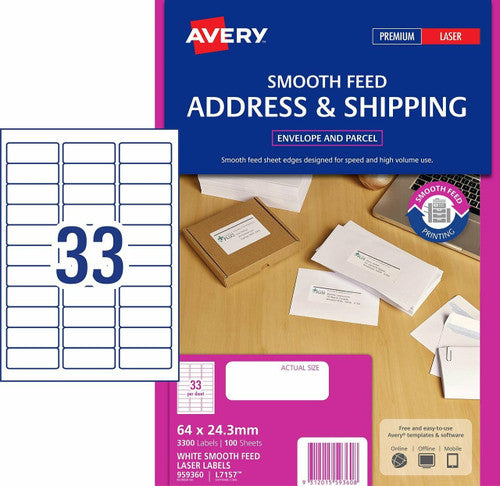 Avery White Address Smooth Feed Labels L7157 3300 Pack 64 x 24.3mm 33UP