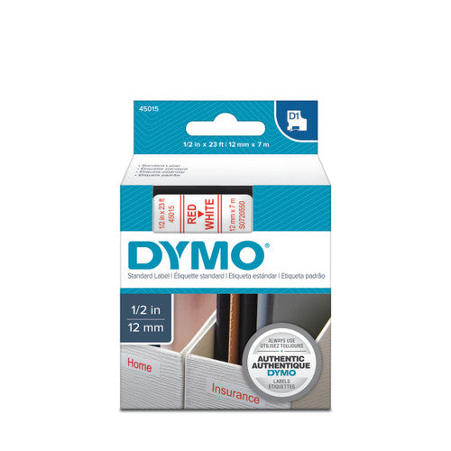 Dymo D1 label tape 12mm x 7m red on white priority labelling for LabelManager label makers