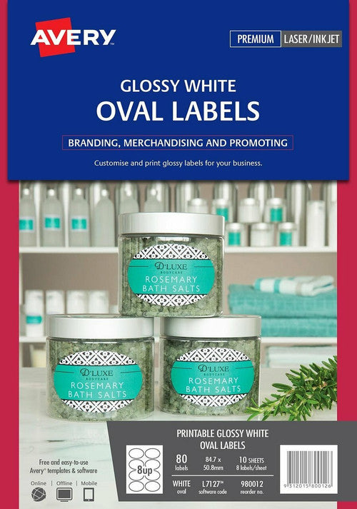 Avery Glossy White Oval Product Labels L7127 80 Pack 84.7 x 50.8mm 8UP