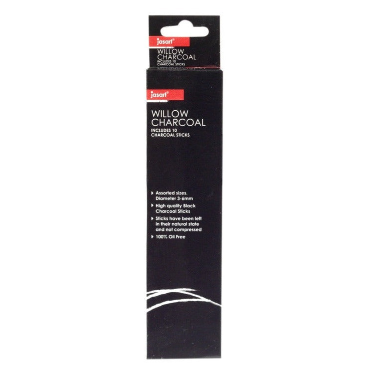 Tall black Jasart Willow Charcoal box with a red Jasart logo, printed Includes 10 Charcoal Sticks, diameter 3 to 6mm and 100% Oil Free