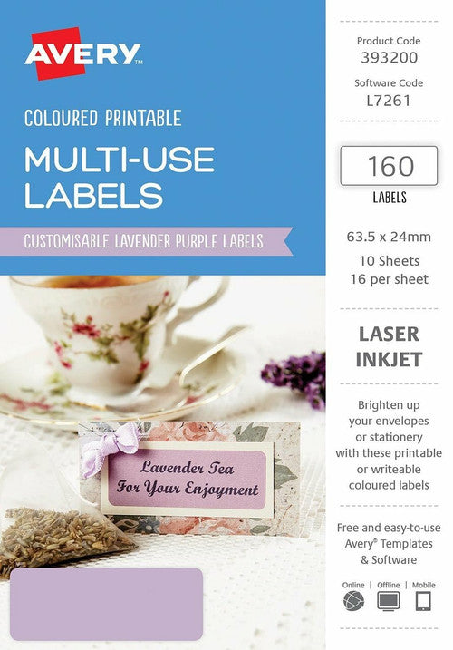 Avery Multi-Use Lavender Purple Coloured Labels 63.5 x 24mm Laser Inkjet Permanent 160 Labels 10 Sheets