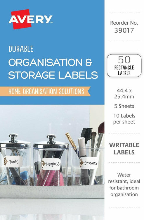 Avery White with Brown Details Rectangle Removable Durable Labels 50 Pack 44.4 x 25.4mm