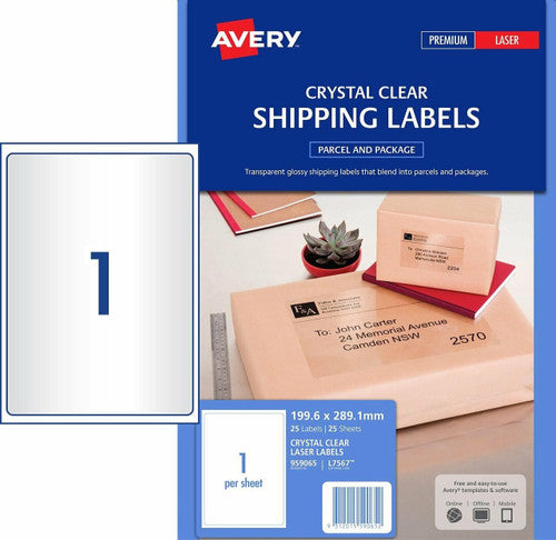 Avery Crystal Clear Shipping Labels L7567 25 Pack 199.6 x 289.1mm 1UP