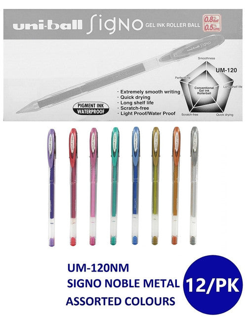 Uni-Ball Signo Noble Metal UM-120NM Gel Ink Rollerball Pen 0.8mm Assorted Box of 12