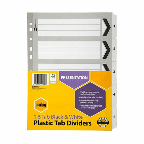 Marbig Indices and Dividers 1-5 Tab Reinforced A4 Black and White