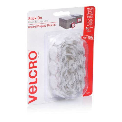 Velcro Brand Stick On Hook and Loop Dots 22mm White Pack of 40