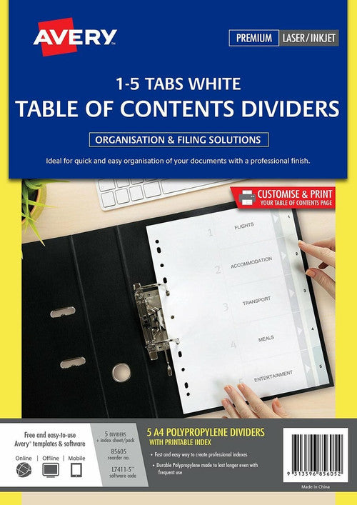 Avery White Polypropylene Dividers 1-5 Index