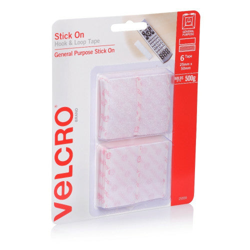 Velcro Brand Stick On Hook and Loop Tape Rectangles 25mm x 50mm White Pack of 6