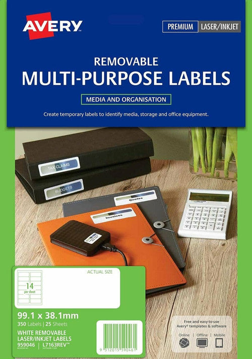 Avery White Removable Labels L7163REV 350 Pack 99.1 x 38.1mm 14UP