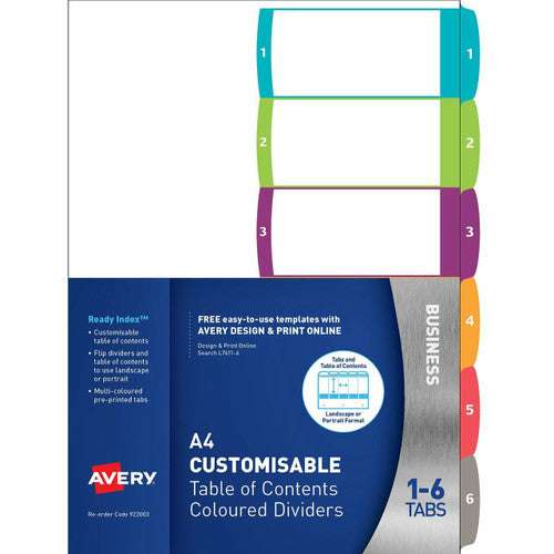 Avery Customisable Table of Contents Dividers 1-6 Tabs Landscape Portrait Ready Index 922003 L7411-6