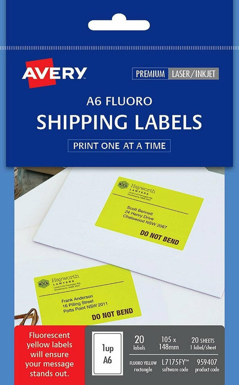 Avery Fluoro Yellow Shipping Labels A6 L7175FY 20 Pack 105 x 148mm 1UP