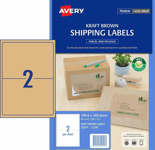 Avery Brown Kraft TrueBlock Shipping Labels L7168 40 Pack 199.6 x 143.5mm 2UP