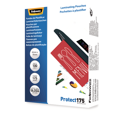 Fellowes Glossy 175 Micron Laminating Pouches 65x95mm 100 Pack