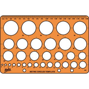 Helix H67 metric circles template in orange with numbered circles and a millimetre edge scale