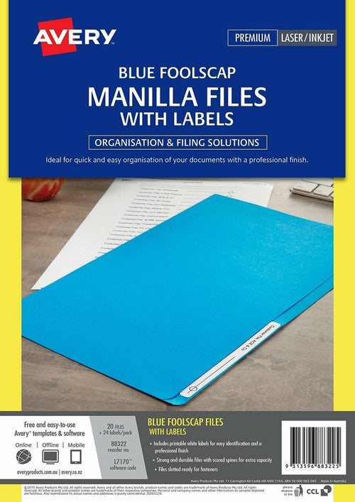 Avery Blue Manilla File with 1 Sheet of 24 Laser File Title Labels Foolscap 20 Pack