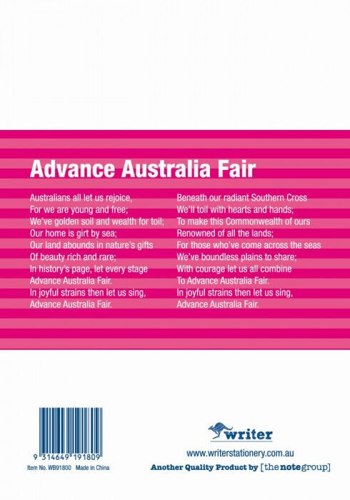 Back cover of a book with 'Advance Australia Fair' text and branding details.