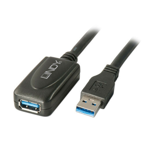 Lindy 5m USB 3.0 Active Extension Cable showing the black active housing with blue USB-A female port next to the blue USB-A male plug