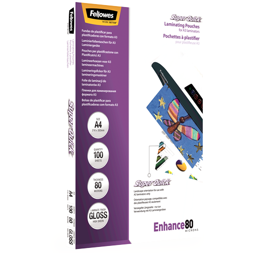 Fellowes SuperQuick A4 Glossy 80 Micron Laminating Pouch 100 Pack