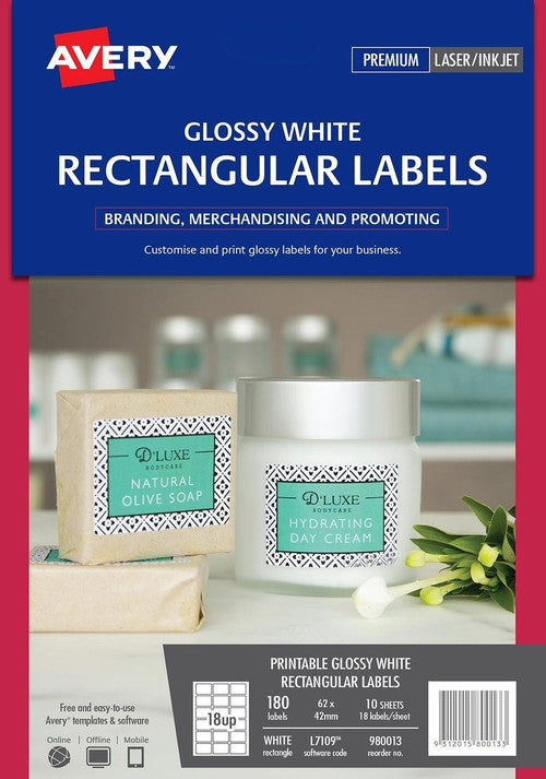 Avery Glossy White Rectangular Product Labels L7109 180 Pack 62 x 42mm 18UP