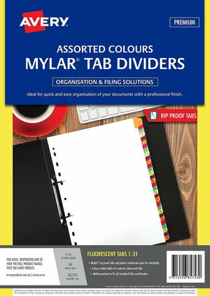 Avery Fluorescent Mylar Tab Dividers 1-31 Index