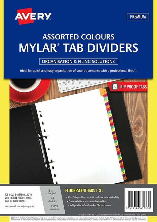 Avery Fluorescent Mylar Tab Dividers 1-31 Index