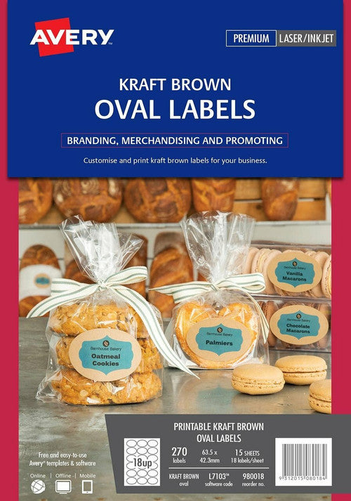 Avery Kraft Brown Oval Product Labels L7103 270 Pack 63.5 x 42.3mm 18UP