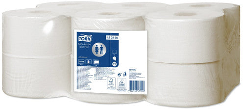 Tork Recycled Mini Jumbo Toilet Roll 2 Ply Advanced T2 White Carton of 12 Rolls