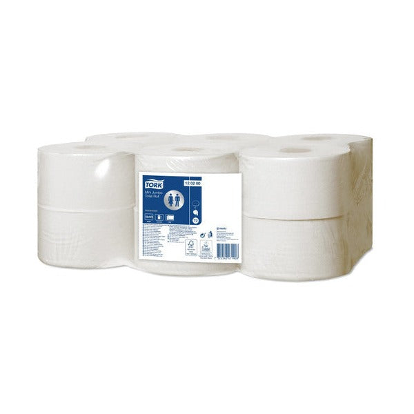 Tork Recycled Mini Jumbo Toilet Roll 2 Ply Advanced T2 White Carton of 12 Rolls
