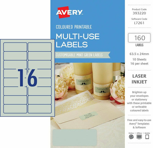 Avery Multi-Use Mint Green Coloured Labels 63.5 x 24mm Laser Inkjet Permanent 160 Labels 10 Sheets
