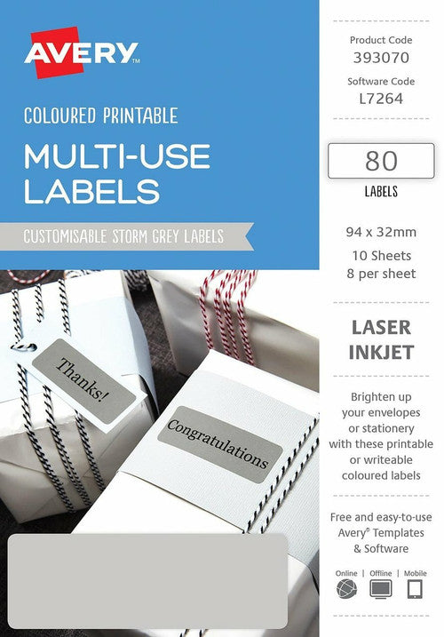 Avery Multi-Use Storm Grey Coloured Labels 94 x 32mm Laser Inkjet Permanent 80 Labels 10 Sheets