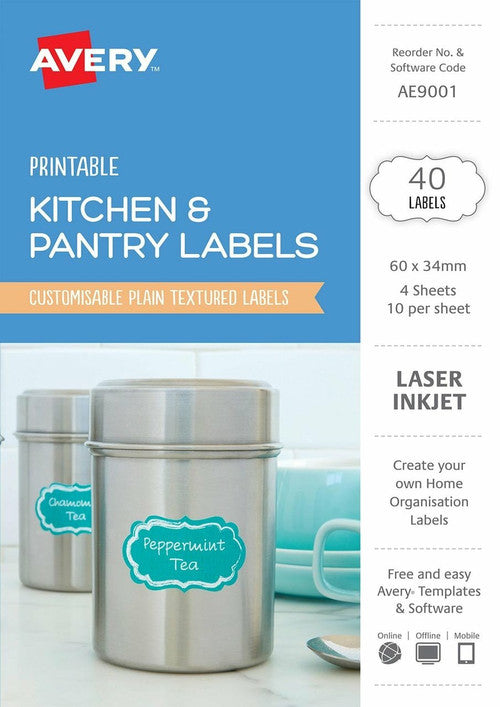 Avery Textured White Kitchen and Pantry Labels AE9001 60 x 34mm 40 Pack 10UP