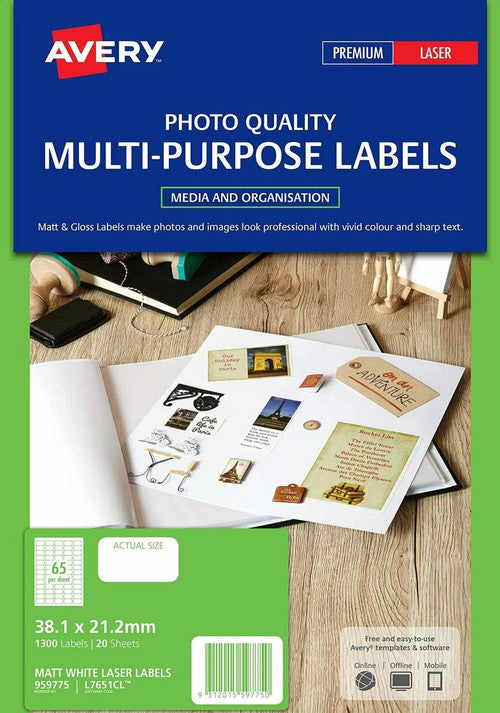 Avery Matt White Photo Quality Labels L7651CL 1300 Pack 38.1 x 21.2mm 65UP