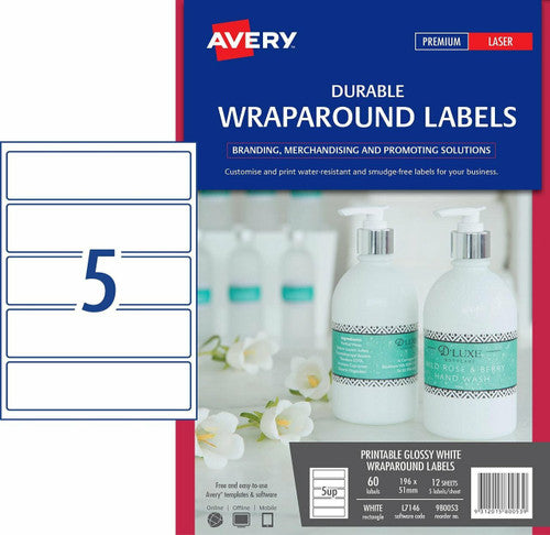 Avery Printable Durable Wraparound Labels L7146 60 Pack 196 x 51mm 5UP