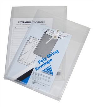 Colby 155B4 clear B4 poly string envelope with the string and button flap, Poly String Envelope header card and an Inter-Office Envelope memo sheet