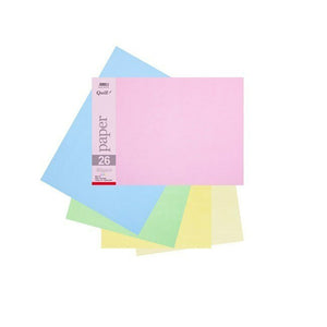Quill A3 80gsm coloured paper in pastel assorted, pack in its printed sleeve labelled paper 26 on fanned pink, blue, green, yellow and cream sheets