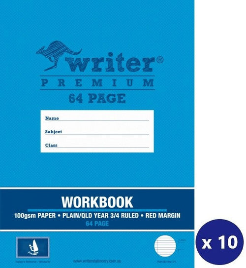 Writer Premium Workbook 330x245mm 64 Page Plain Plus QLD Year 3 4 Ruled Windsurfer Cover Pack 10 — front cover